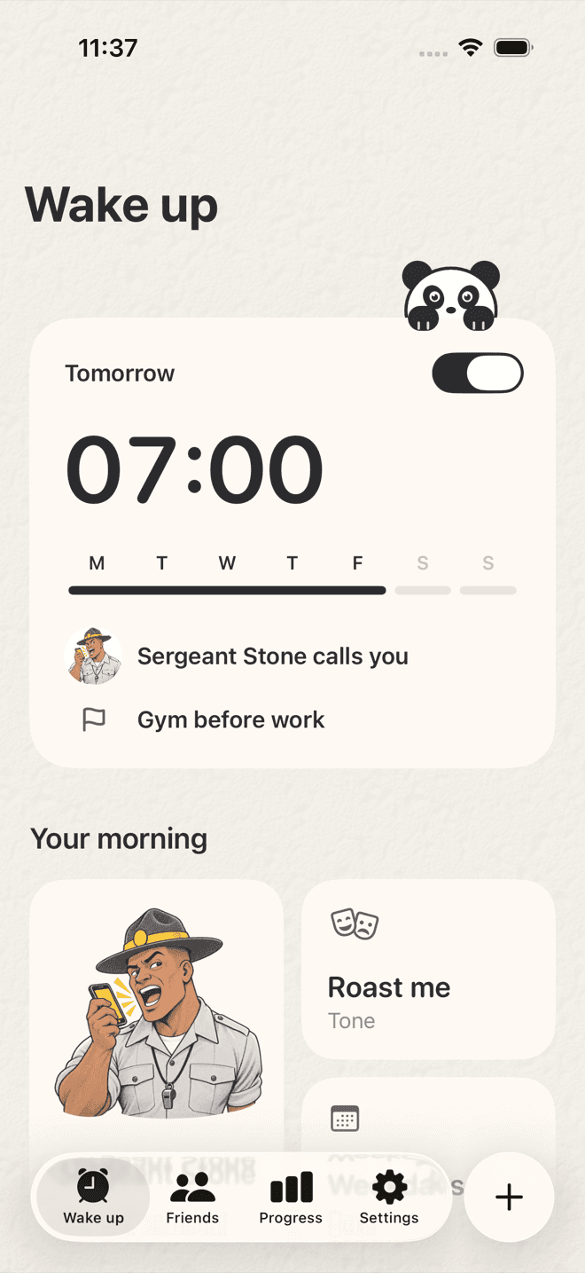 The Wake up tab with the panda buddy